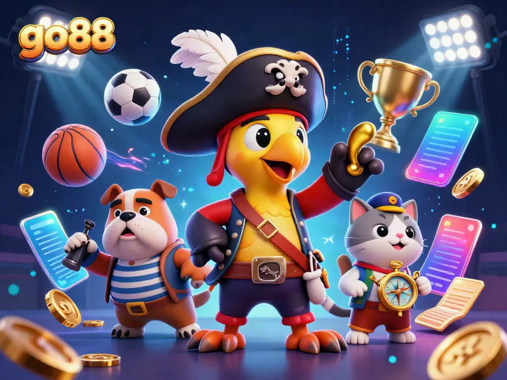 Join the excitement with go88 as characters embrace thrilling sports betting energy in this engaging illustration.