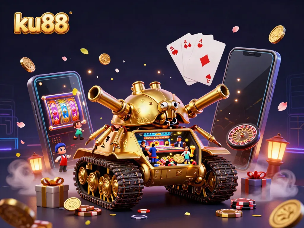 Experience the excitement of ku88 with a dynamic 3D casino scene featuring a golden beetle tank and vibrant gaming elements.