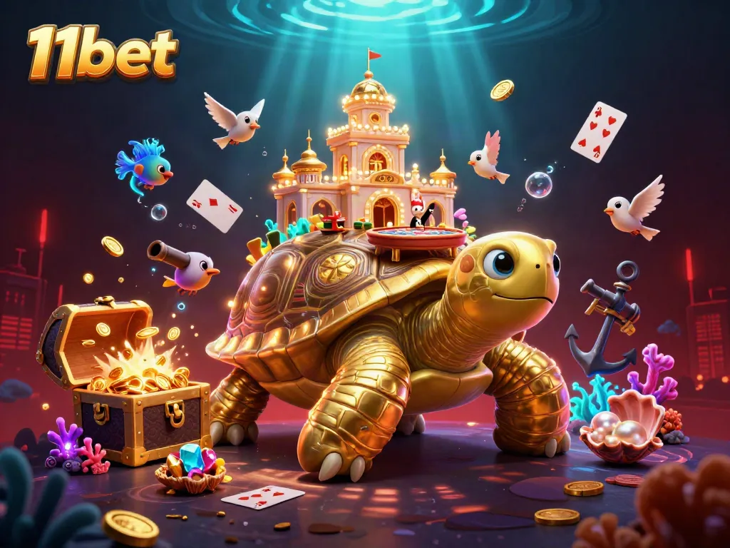 Experience thrilling gameplay at 11bet with a vibrant illustration of a golden gambling palace and rabbit dealer.