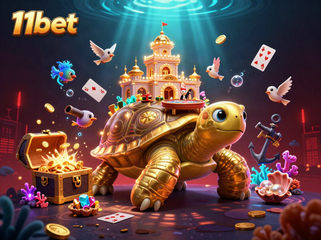 Experience thrilling gameplay at 11bet with a vibrant illustration of a golden gambling palace and rabbit dealer.
