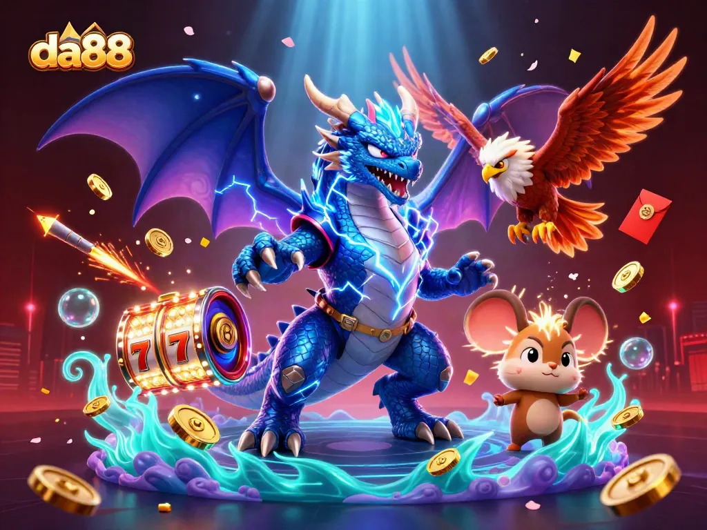 Experience thrilling gameplay with da88's vibrant slots and energetic characters in a dynamic casino scene.