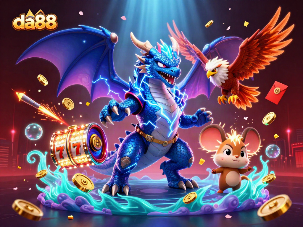 Experience thrilling gameplay with da88's vibrant slots and energetic characters in a dynamic casino scene.
