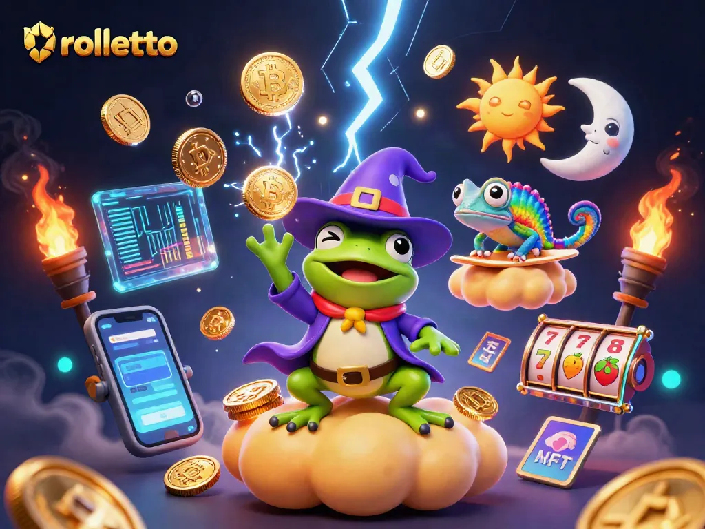 Experience the excitement of rolletto with vibrant 3D casino action featuring animated characters and glowing crypto elements.