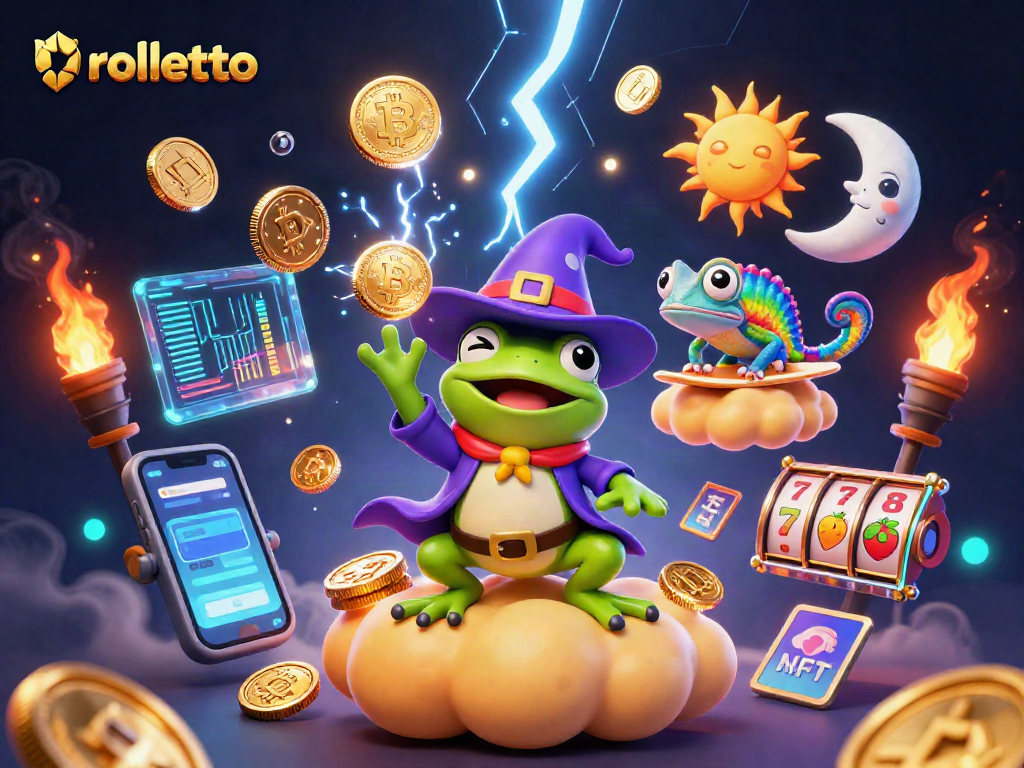 Experience the excitement of rolletto with vibrant 3D casino action featuring animated characters and glowing crypto elements.