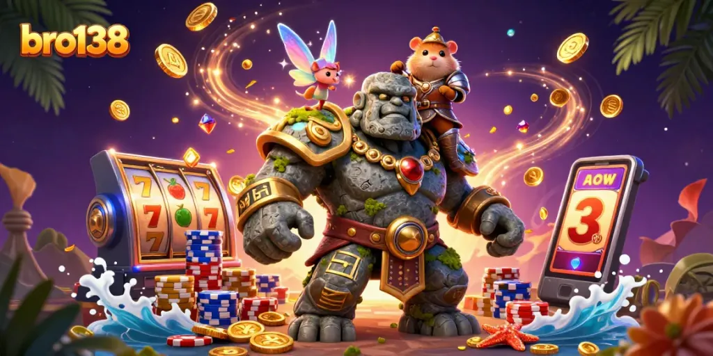 Spin the reels with bro138 as a golem guardian and fairy summon winning luck amidst coins and gems.