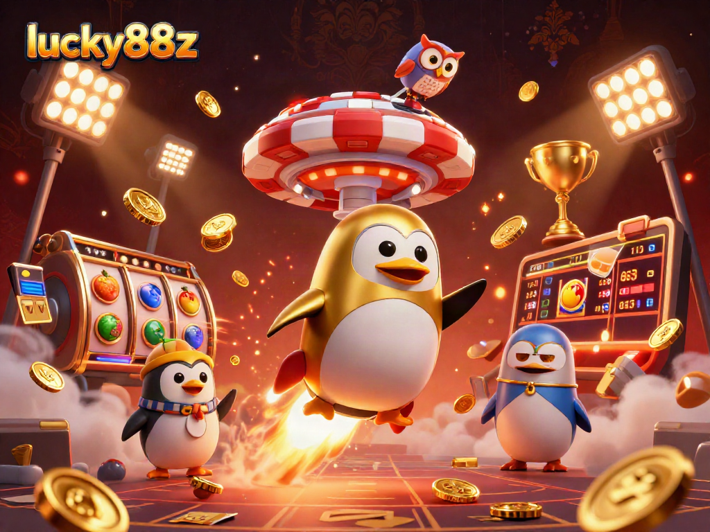 Play slots and win big with lucky88z featuring vibrant golden penguins and casino elements.