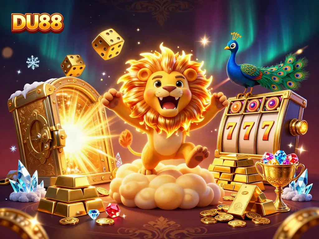 Experience DU88 with a vibrant scene showcasing gaming excitement, treasures, and slot reels.