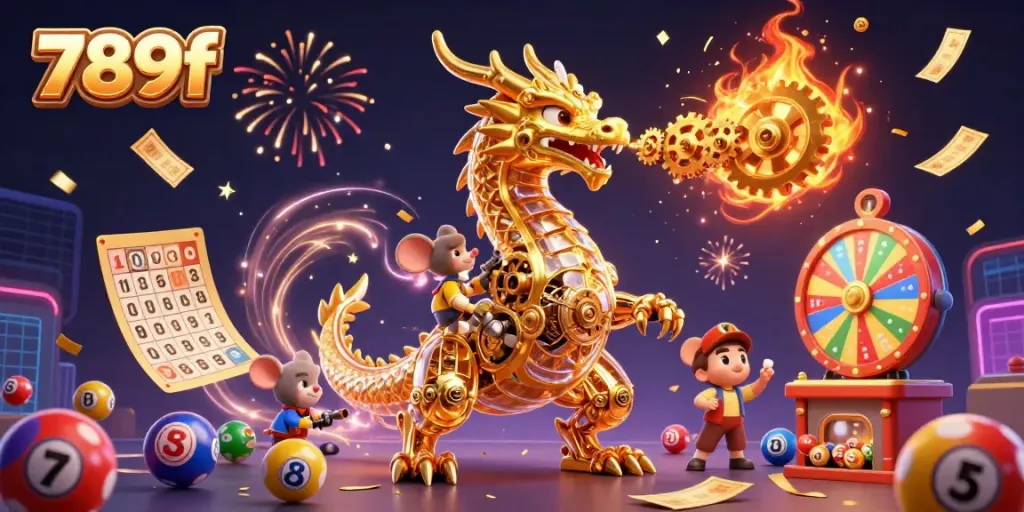 Experience thrilling games at 789f with a dragon spewing gold gears amidst vibrant major casino elements.