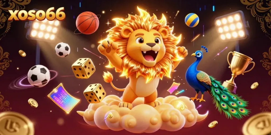 xoso66 ignites excitement with a dynamic casino illustration showcasing a roaring lion and flying sports elements