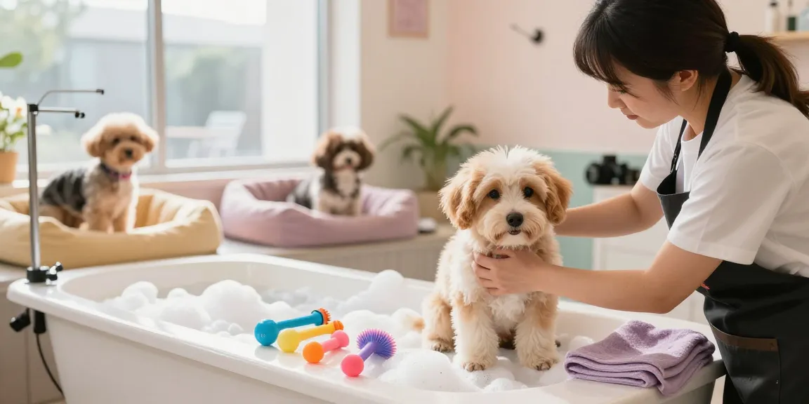 Puppy grooming York in a warm and inviting salon, showcasing a groomer gently handling a fluffy puppy for a positive first experience.