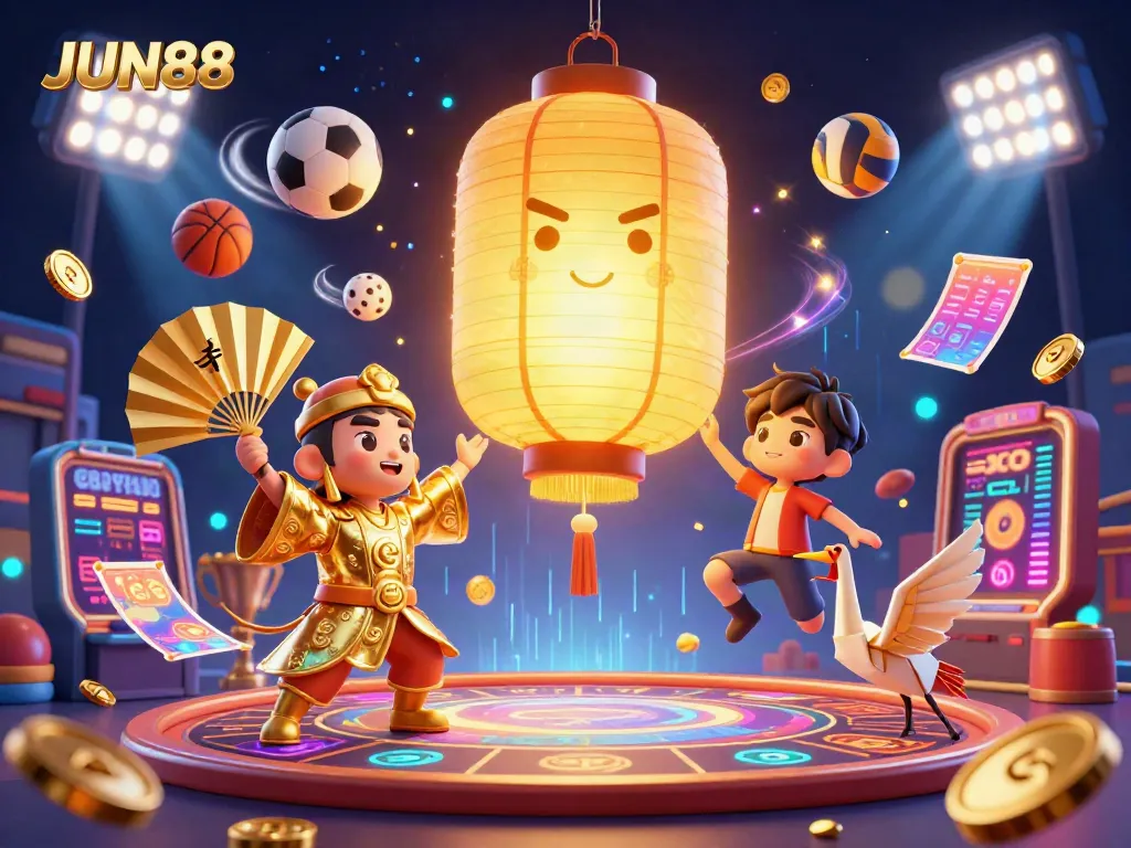 Experience the thrill of JUN88 as a golden lantern spirit leads an exciting night market casino scene.