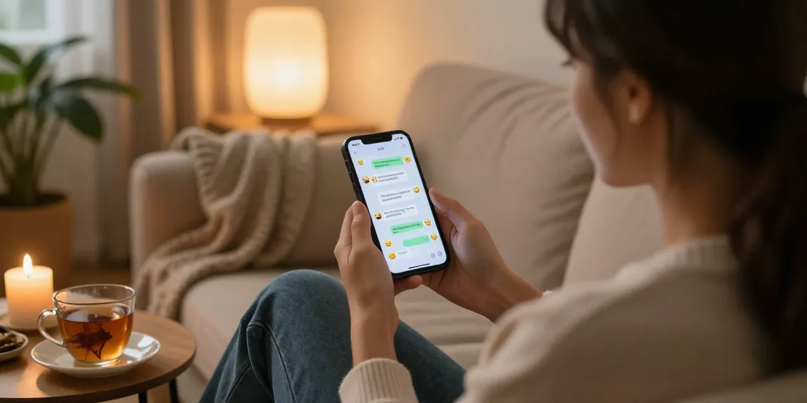 Engaging in ai sex chat on a smartphone in a cozy setting, featuring colorful chat interface and inviting atmosphere.