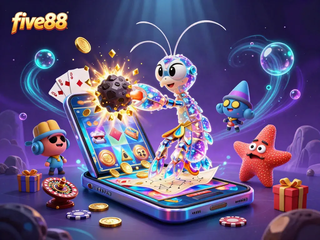 Experience the excitement of five88 with a galactic samurai shrimp amidst dynamic casino elements and glowing visuals.