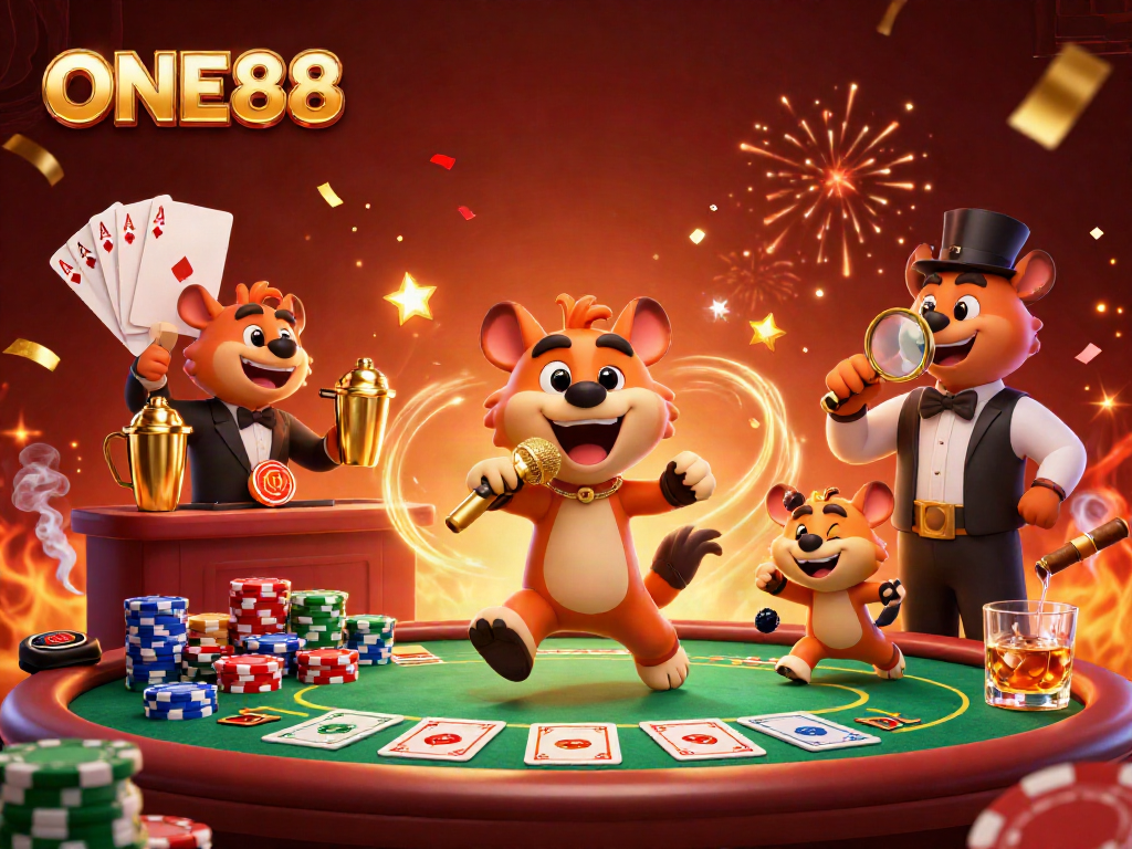 ONE88 bartenders serve drinks while hyena comedian entertains in a vibrant casino scene.