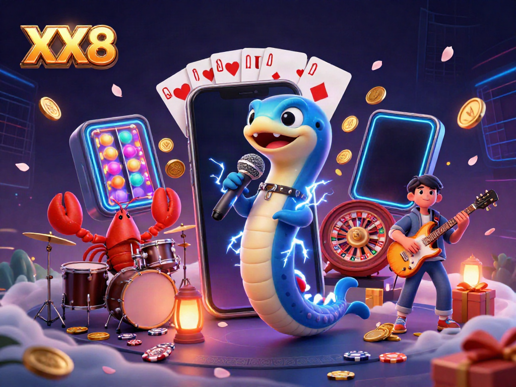 Experience the exciting underwater casino stage with XX8, featuring an electric eel DJ and vibrant gaming elements.