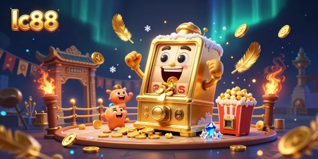 Experience the excitement of lc88 with the golden slot machine hitting the jackpot, surrounded by cheerful companions.