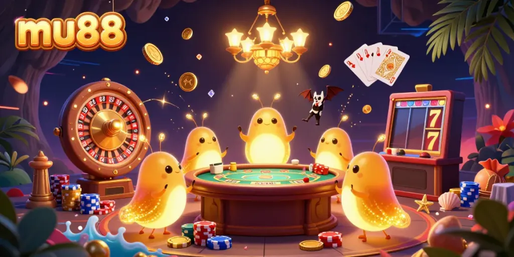 Experience the excitement of mu88 with a vibrant 3D casino scene featuring glowing characters, golden coins, and a bat dealer.