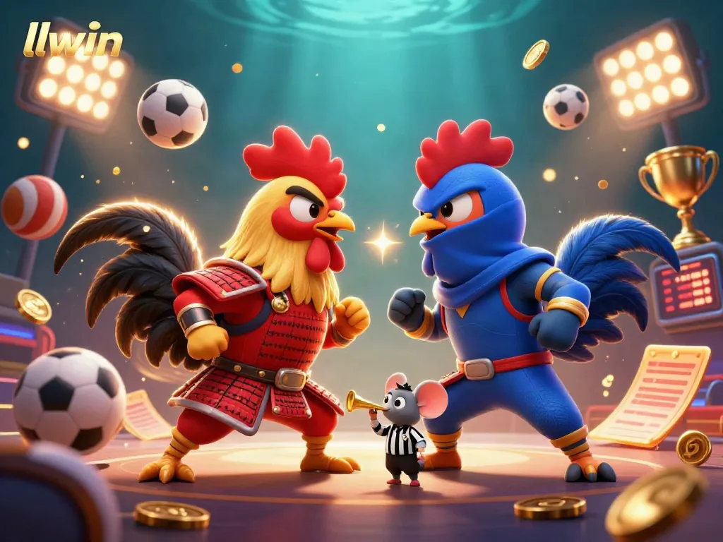 Experience thrilling action with llwin as cartoon roosters duel amid vibrant gaming elements.