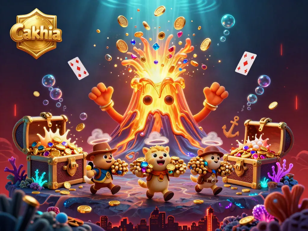 Cakhia showcases a thrilling treasure scene with a volcano and coins amid dynamic gaming excitement.
