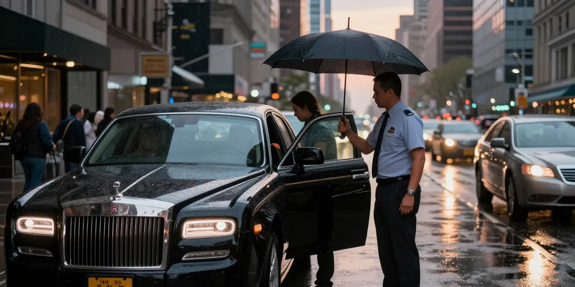Premium car service NYC with professional chauffeur assisting passenger in luxury vehicle against city skyline.