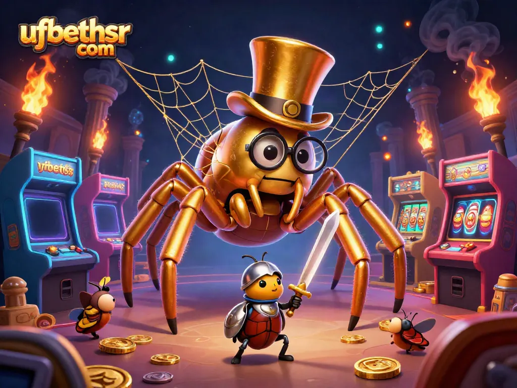 Engage with ufabethsr com's vibrant 3D casino-themed illustration featuring golden gaming elements and characters.