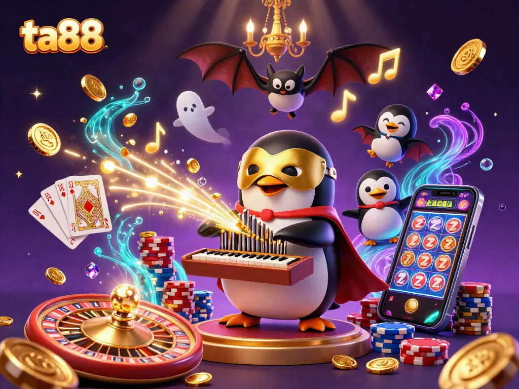 Experience the thrill of ta88 with a vibrant casino scene featuring a penguin playing a magical organ.