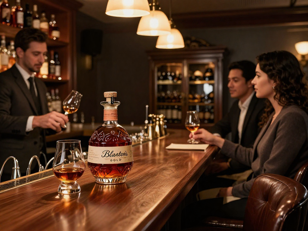 Blanton's Gold bourbon in an elegant bar setting, showcasing luxury and sophistication.