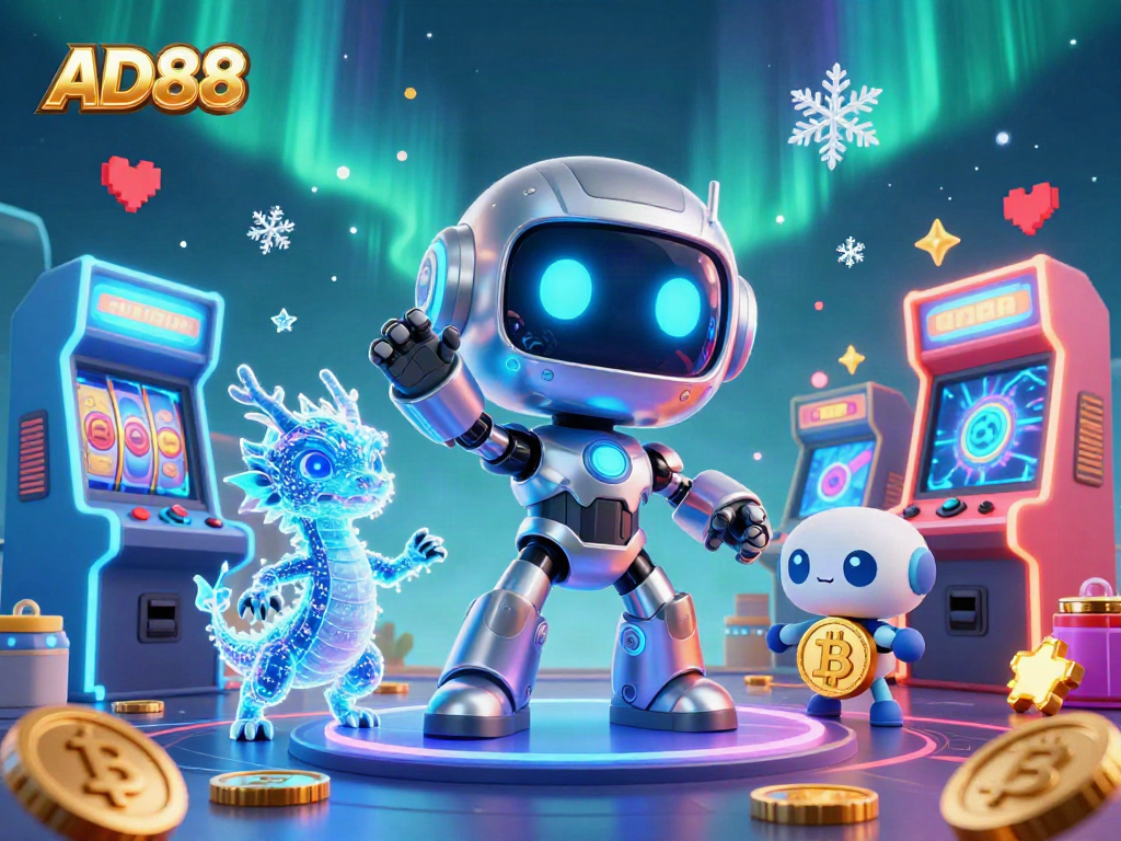 AD88 showcases a vibrant 3D gaming scene filled with exciting elements, including a cyberpunk robot and jackpot symbols.