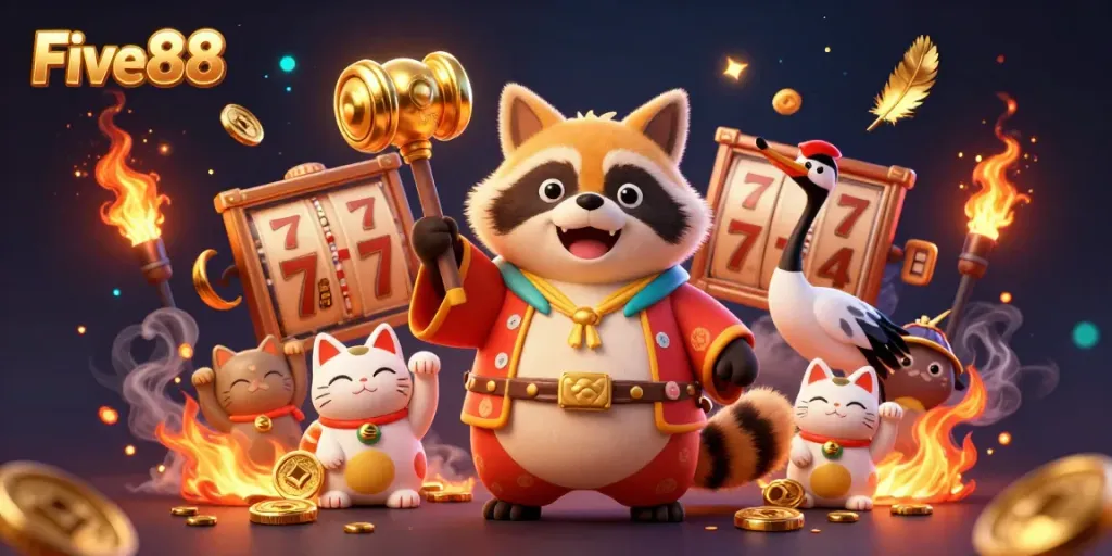 Experience thrilling gaming at Five88 with cheerful characters and vibrant casino elements.