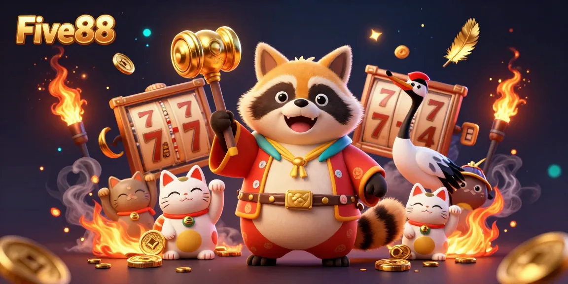 Experience thrilling gaming at Five88 with cheerful characters and vibrant casino elements.