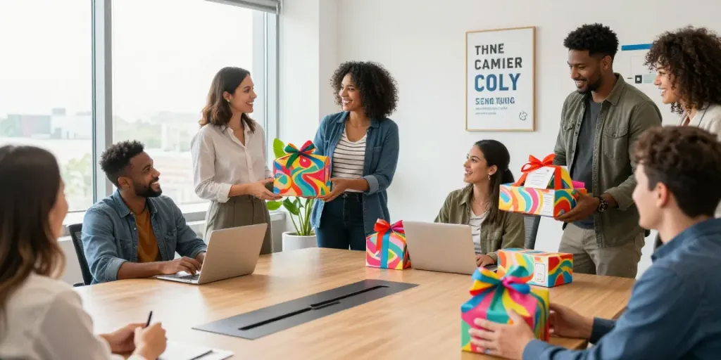 Employee gifts exchanged in a vibrant corporate office celebrating appreciation day.
