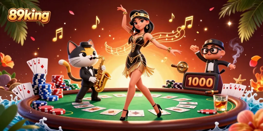 Experience the thrill of 89king at an extravagant casino, filled with vibrant characters and lavish gaming elements.