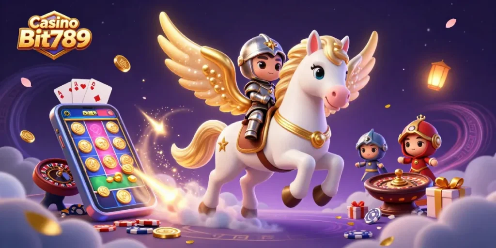 Engaging impression of Casino Bit789 featuring a celestial horse and knight amidst colorful gaming symbols.