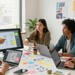 Diverse team collaborating on a mix board project with colorful designs and digital devices in a modern office.