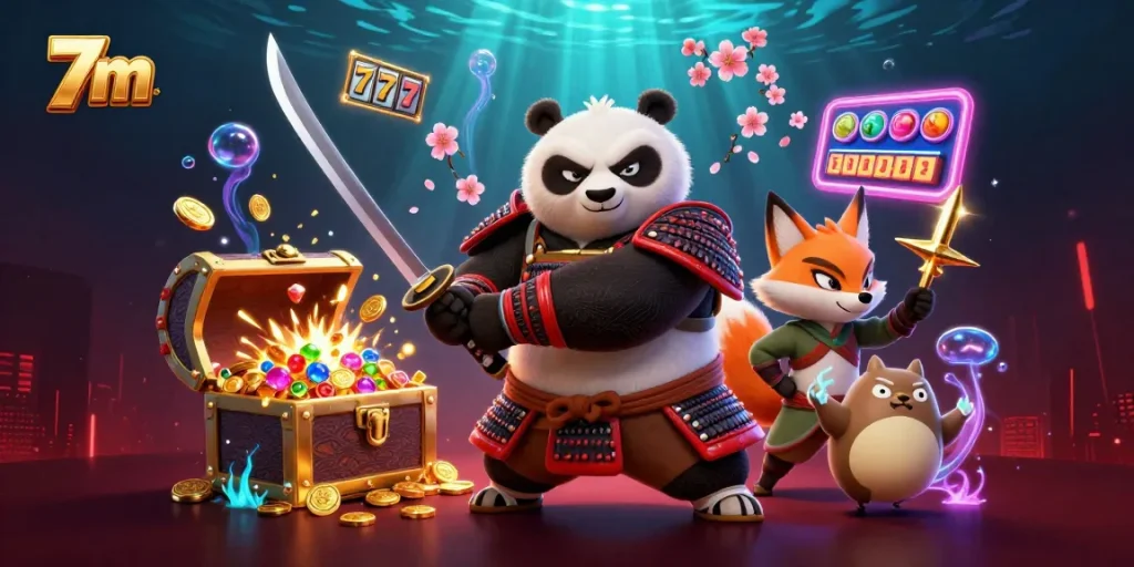 Watch the 7m samurai panda unleash epic odds in a lively casino scene filled with slot machines and treasures.