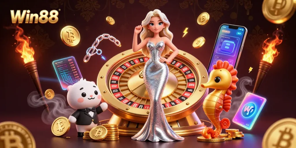 Win88 reveals a glamorous scene with a stunning woman at a golden roulette wheel, embodying casino excitement.