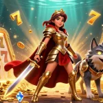 Play engaging slot games with captivating visuals of a warrior queen and her wolf companion amidst jewels.