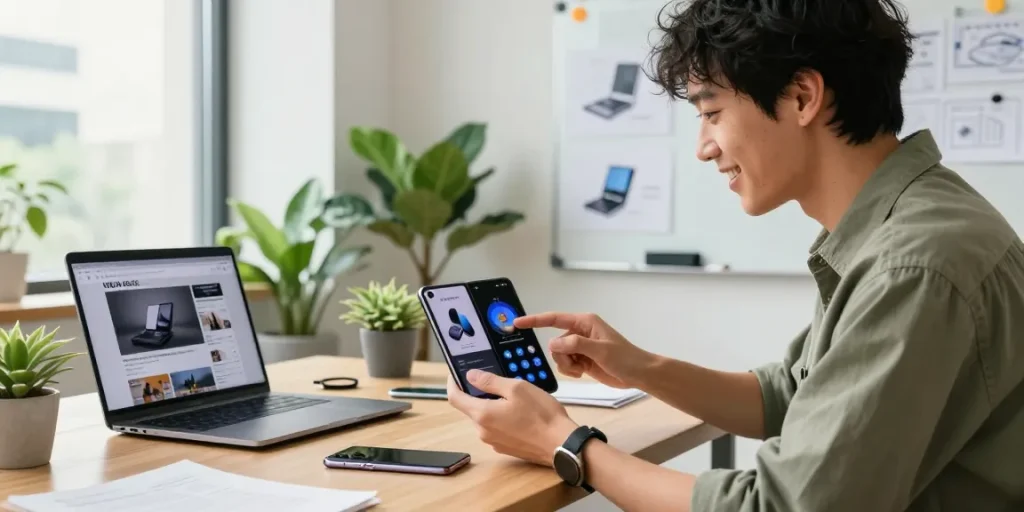 Enthusiastic tech enthusiast exploring foldable phones 2026 in a bright modern office.