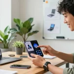 Enthusiastic tech enthusiast exploring foldable phones 2026 in a bright modern office.