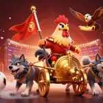 Kèo bóng đá sports betting scene featuring a rooster warlord, betting slips, and a trophy.