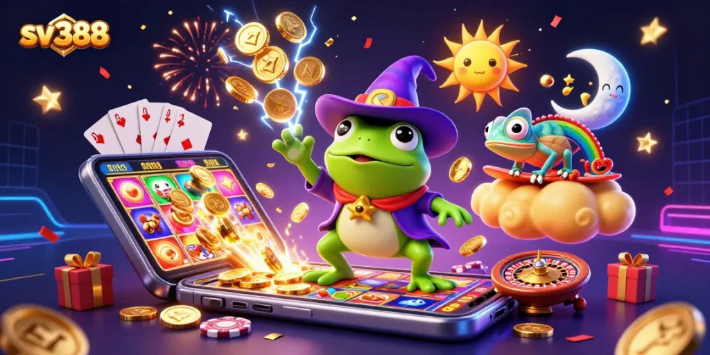 Experience the excitement of sv388 with a wizard frog and chameleon amidst a lively casino scene.