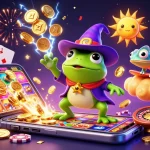 Experience the excitement of sv388 with a wizard frog and chameleon amidst a lively casino scene.