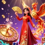 Zowin casino scene with a graceful woman and a phoenix, featuring spinning roulette and golden coins.