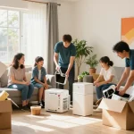 House clearance professionals decluttering a cozy living room filled with sunlight.