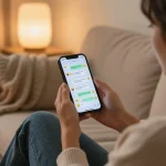 Engaging in ai sex chat on a smartphone in a cozy setting, featuring colorful chat interface and inviting atmosphere.