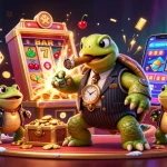 Sin88 highlights a vibrant casino scene with a unique cartoon turtle in lavish attire amid jackpot thrills.