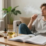 THC vape UK lifestyle moment, showcasing natural wellness with hemp extract and vape device, promoting stress relief and relaxation.