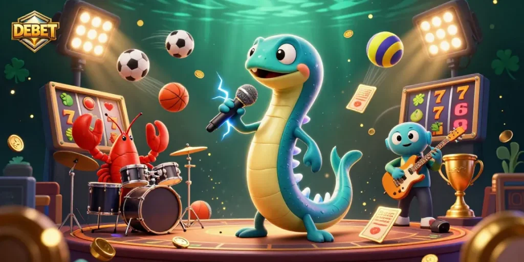 Engage with DEBET at a vibrant underwater casino featuring lively characters and dynamic gameplay elements.