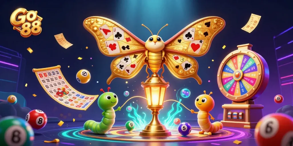 Engage with Go 88's vibrant casino scenes featuring colorful lottery elements and a majestic moth.