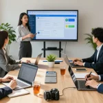 Team discussing remote call control solutions in a modern office setting, showcasing collaboration and technology in 2026.
